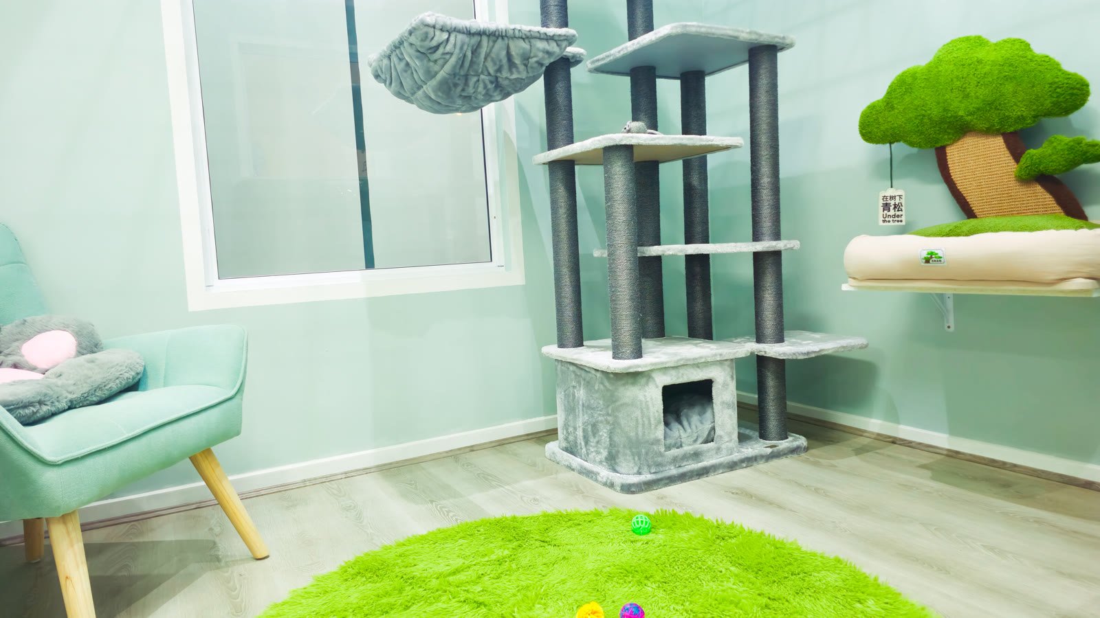 Presidential Suite — Teal room cat tree at Neko Cat Hotel